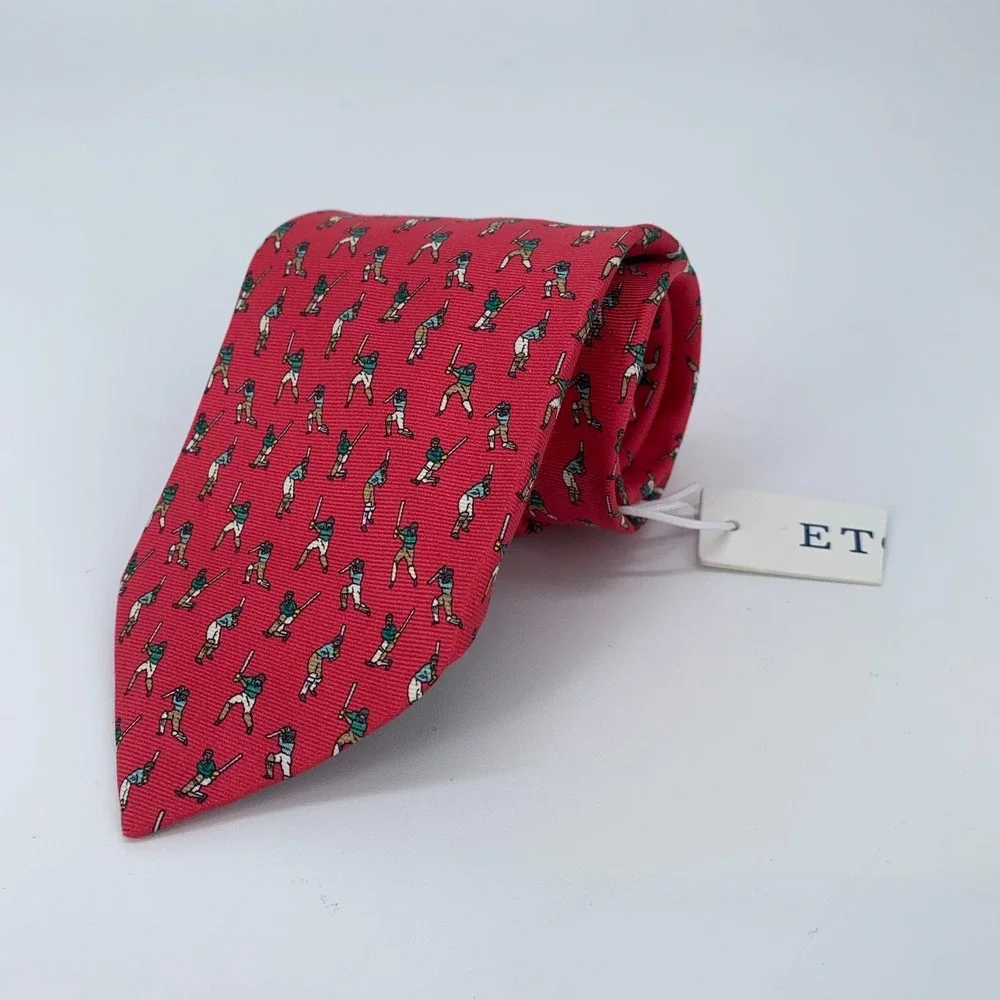 Eton Tie Mens One Size Red Cricket Print Silk Classic Fit Necktie Italy‎ Made